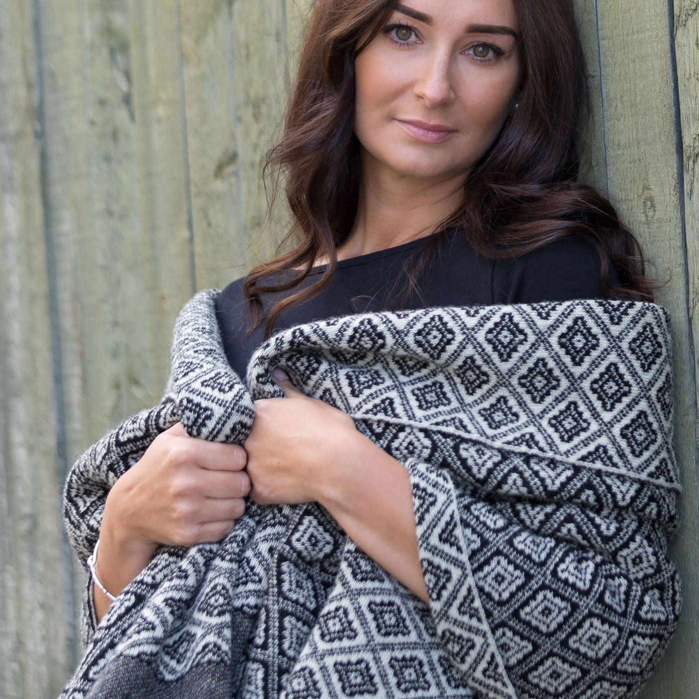 Shetland wool wrap in black & natural white